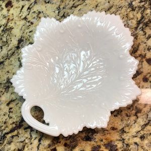 White Milk Glass Dish Decorative Functional Leaf Pattern
